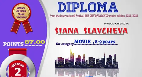 Сиана Славчева от студио "Shining voices" с второ място Международния конкурс "The city of talents" в Букурещ