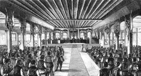 Заседание на Народното събрание в Търново, гравюра, 1879 г.                       Източник: Уикипедия