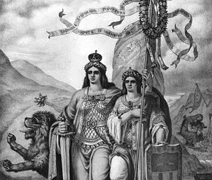 Копие от литографията от 1886 на художника Николай Павлович &bdquo;Съединението на Северна и Южна България в 1885 г.&ldquo; - Княжество България прегръща Източна Румелия, която вече също носи корона. И двете са с царски одежди, и двете държат меч и щит, демонстрирайки готовността си да бранят постигнатото. Под тях е друго знаме - сръбското, което символизира разгромната победа на България над Сърбия