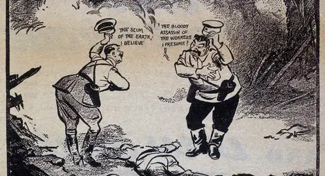 &bdquo;Изметът на Земята, вярвам&ldquo;, казва Хитлер на тази карикатура. &bdquo;Кървавият убиец на работниците, предполагам&ldquo;, отвръща му Сталин.