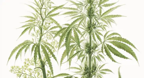 Ботаническа илюстрация на мъжко (в ляво) и женско (в дясно) растение Cannabis sativa L. с цветове и семена.