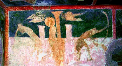 Сцената &bdquo;Подялба на Христовите дрехи&ldquo;, която е служела като етикет за безценната реликва от западната апсида.