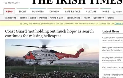 Изчезна ирландски хеликоптер с четирима души екипаж, спасиха един от тях