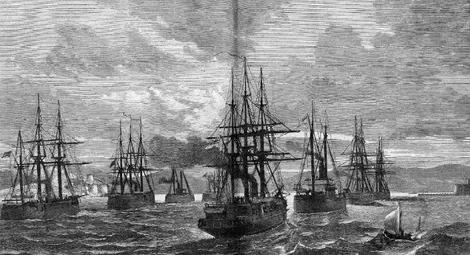 Английската военноморска ескадра, командвана от адмирал сър Джефри Хорнби, преминава през Дарданелите и навлиза в Босфора в края на Руско-турската война 1877-78 г. /гравюри в журнал &bdquo;Илюстррированая хроника войны&ldquo;/.