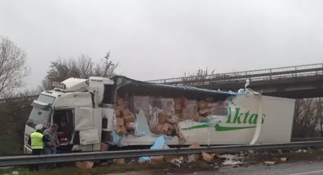 Турски ТИР хвърли риби на АМ "Тракия" Турски ТИР хвърли риби на АМ "Тракия"