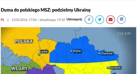 Картата, с която полска телевизия илюстрира определеното като &bdquo;куриозно&ldquo; предложение за подялба на Украйна на Жириновски. 