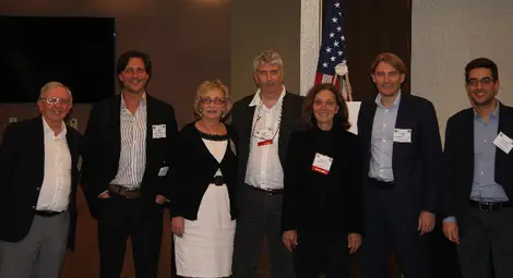 Отляво надясно: проф. Пол Смит, проф. Филипо Каполино, проф. Елена Виноградова, проф. Ладислау Матековиц, д-р Марияна Георгиева, проф. Андрея Алу (професор на името на Айнщайн &ndash; най-високото научно звание в САЩ), проф. Франциско Монтиконе. 