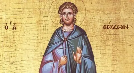 Св. Созонт строшил ръката на златен идол и я раздал на бедните