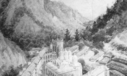 Рилският манастир - акварел от А. Обербауер, 1892 г. Рилският манастир - акварел от А. Обербауер, 1892 г.