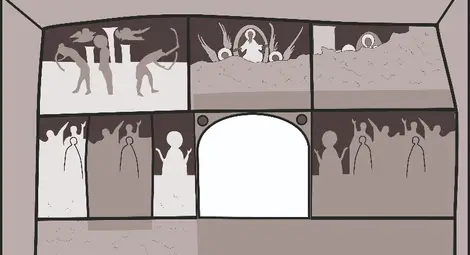 Реконструкция на сцената &bdquo;Възнесение Христово&ldquo; върху западната стена на наоса в &bdquo;Черквата&ldquo;. По-тъмните места отбелязват унищожените фигури на апостоли при по-късното изсичане на прозореца и на широкия проход.