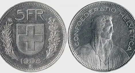 Вилхелм Тел на швейцарска монета от 5 франка, 1998 г.