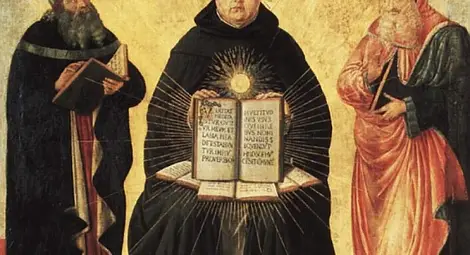 Триумф на свети Тома, 1468-1484, показва светеца с Аристотел (вляво) и Платон (вдясно) и надвития Авероес в краката на Тома.