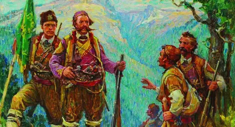 Васил Левски байрактар в четата на Панайот Хитов. Художник Д. Гюдженов Васил Левски байрактар в четата на Панайот Хитов. Художник Д. Гюдженов