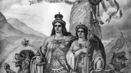 &bdquo;Съединена България&ldquo;. Литография от Николай Павлович. На заден план, вдясно, се вижда образът на опечалена девойка, чрез която художникът представя съдбата на македонските българи, които към 1885 г. все още са в пределите на османската държава.